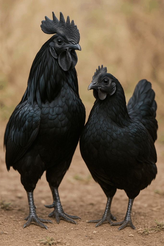Kohút a sliepka plemena Ayam Cemani s úplne čiernym perím, stojaci na hline