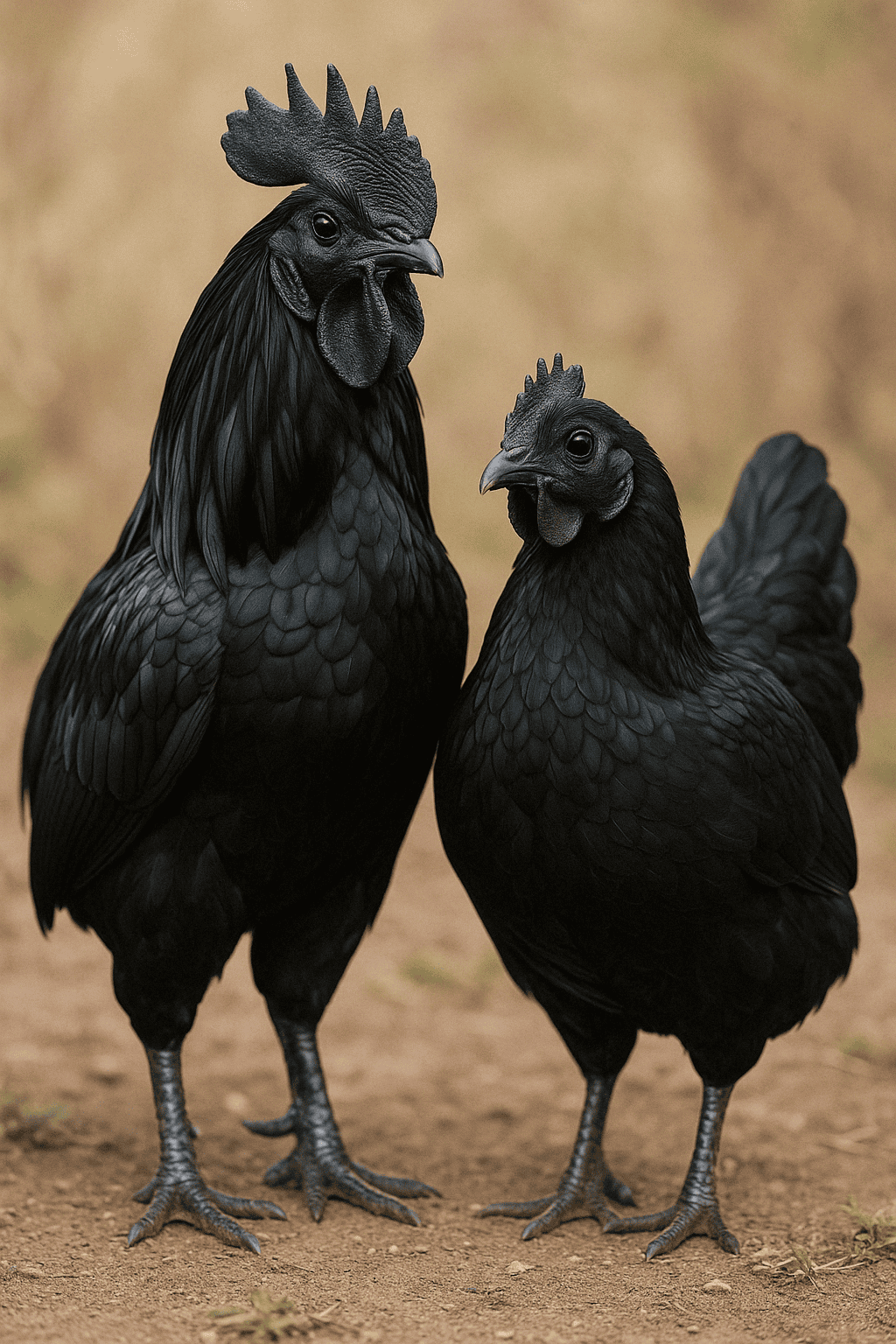 Kohút a sliepka plemena Ayam Cemani s úplne čiernym perím, stojaci na hline