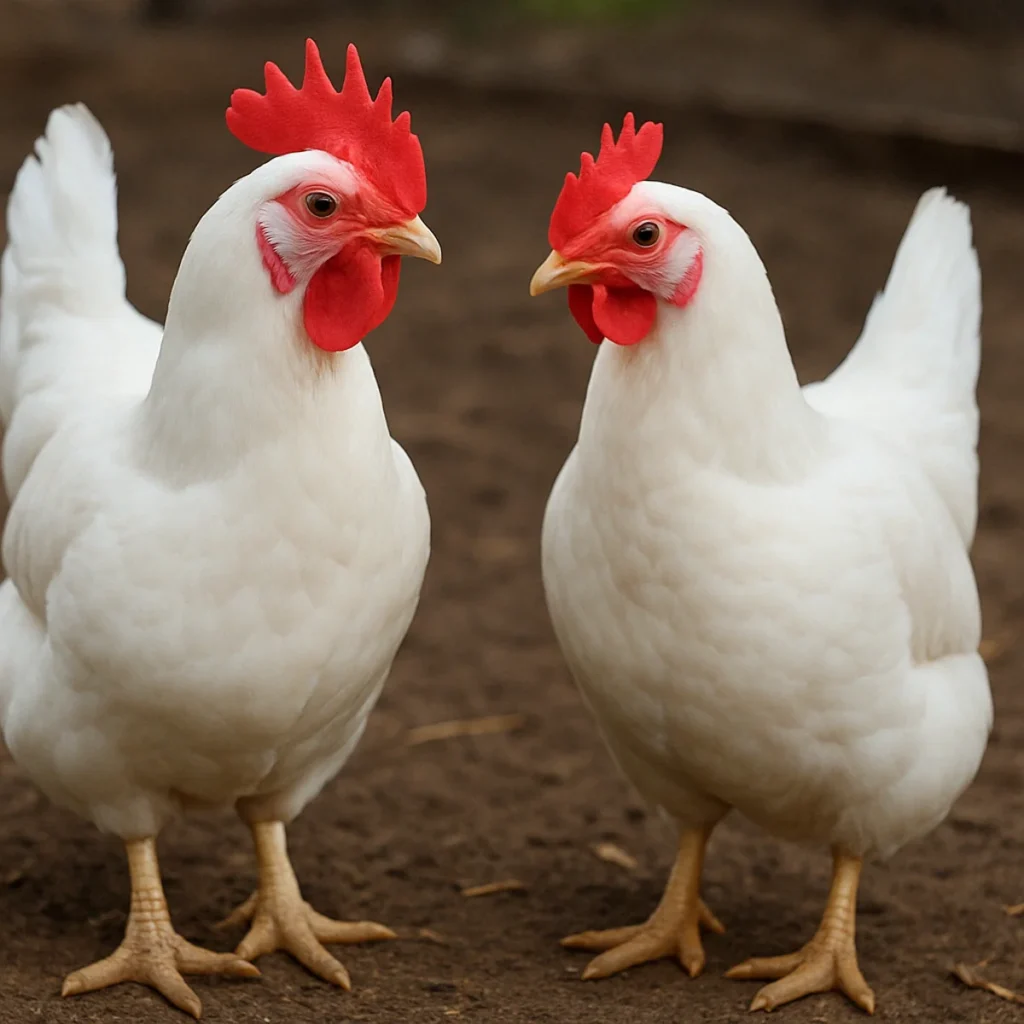 Leghorn vľavo a biela nosnica Deklab White vpravo
