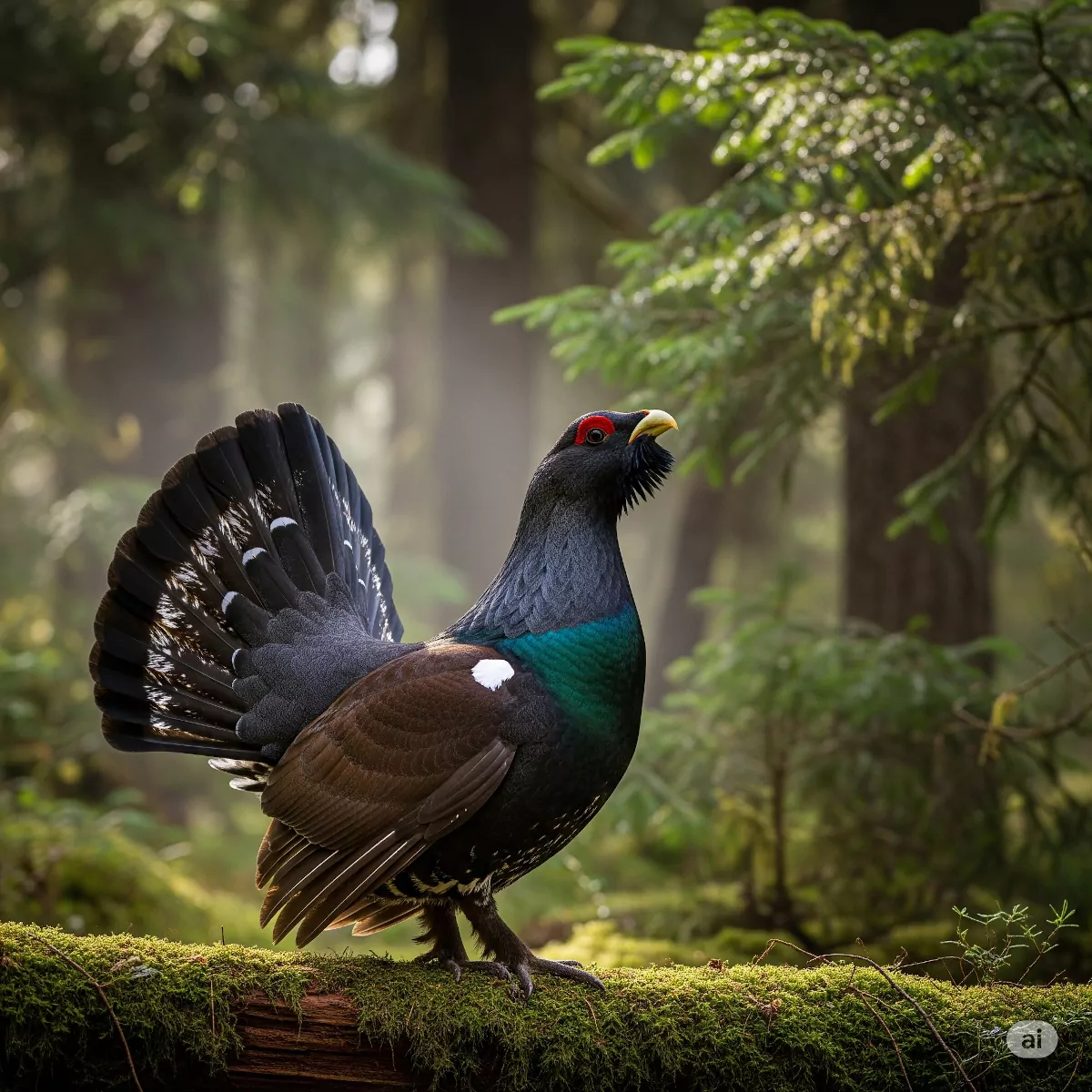 Hlucháň hôrny (Tetrao urogallus), ohrozený hrabavec slovenských lesov, počas jarného tokania.